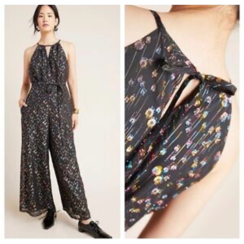 Anthropologie Eva Franco Jumpsuit Sz 6 Black Floral Print Halter Neck‎ Wide Leg